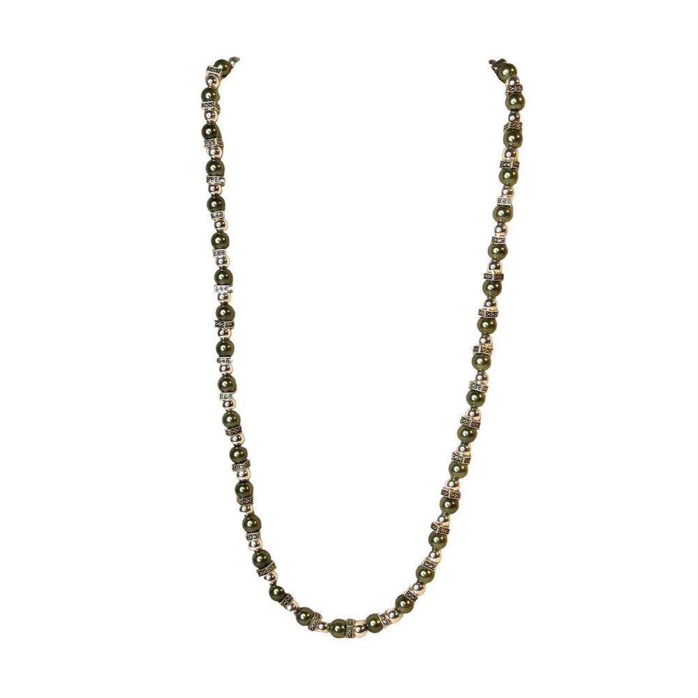 Handcrafted Green Silver Beaded Necklace Toggle Clasp And Antique-Style Accents